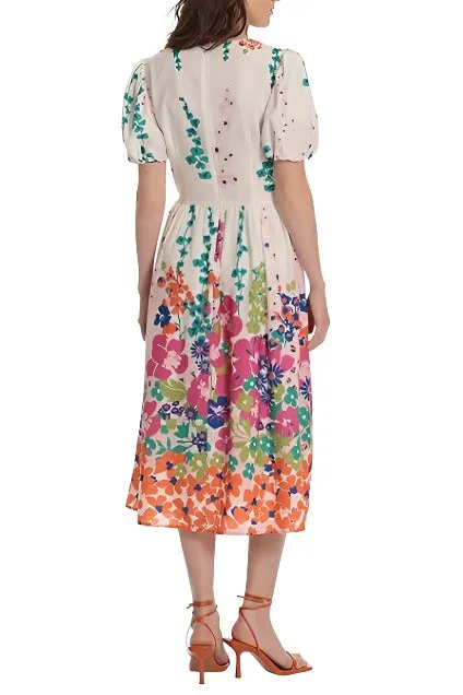 Donna Morgan Floral V-Neck Puff Sleeve Midi Dress