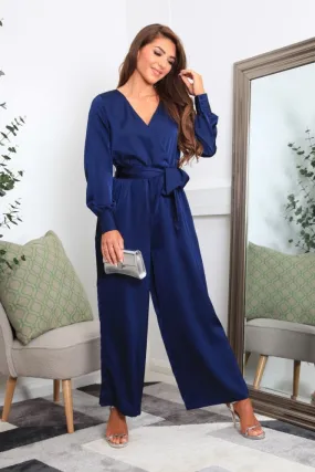 Double Second Navy Lux Satin Wrap Jumpsuit