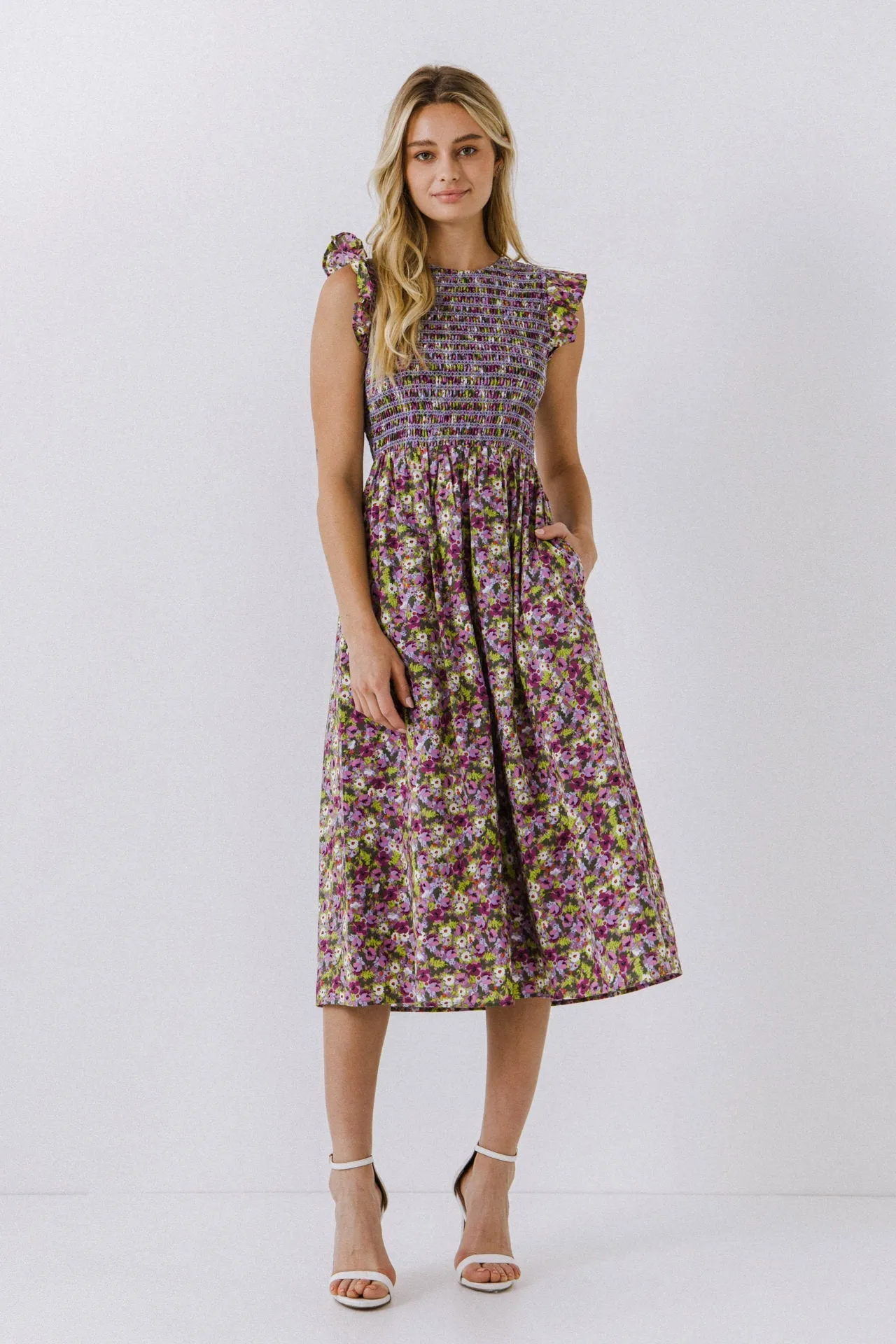 English Factory - Floral Smocked Sleeveless Midi Dress