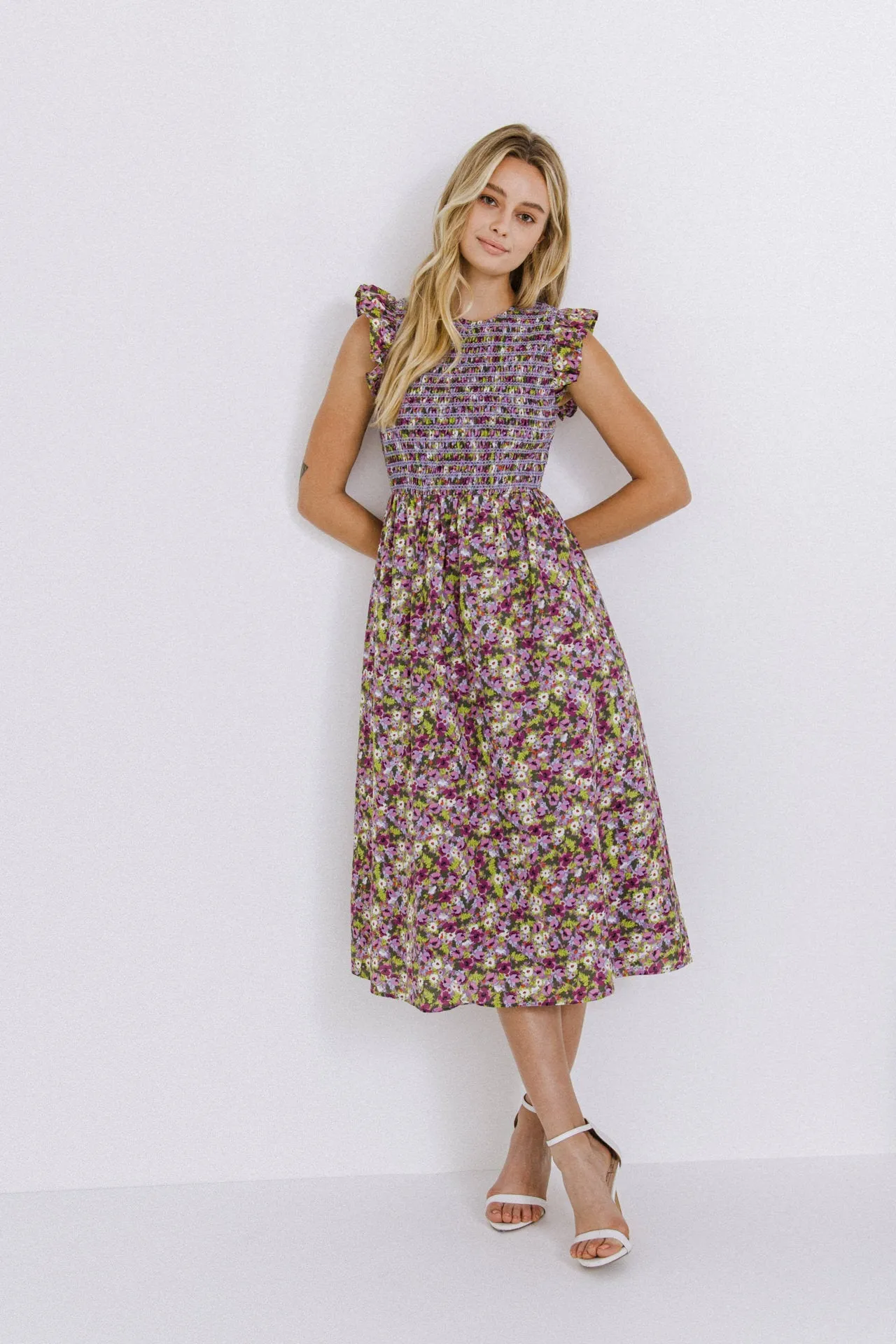 English Factory - Floral Smocked Sleeveless Midi Dress