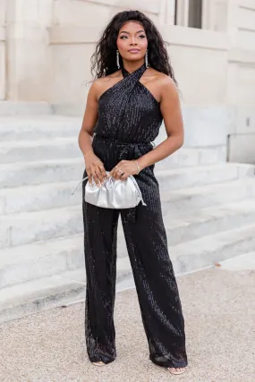 Festive Feels Black Self Tie Halter Belted Sequin Jumpsuit FINAL SALE