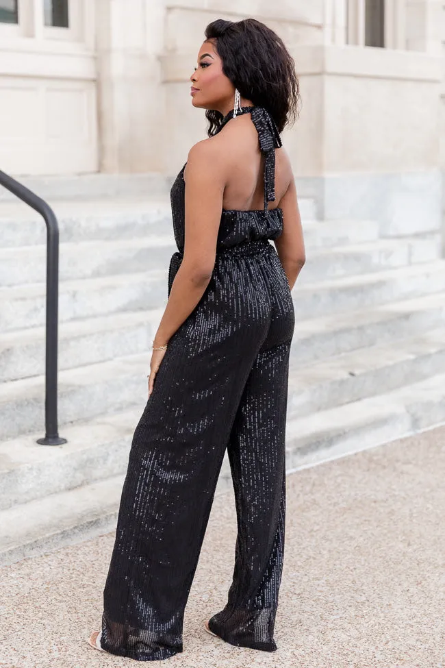 Festive Feels Black Self Tie Halter Belted Sequin Jumpsuit FINAL SALE