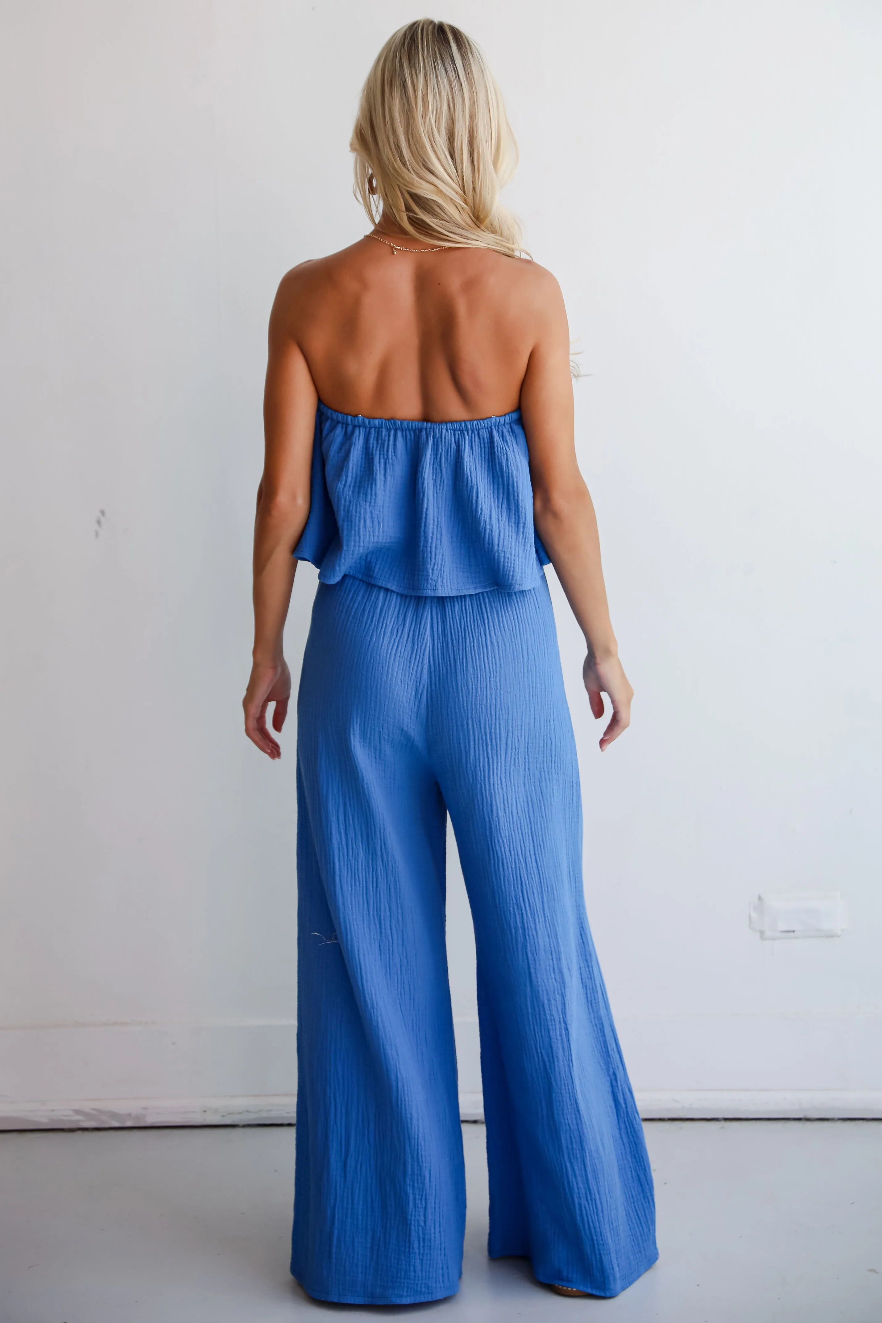 FINAL SALE - Celebrate In Style Blue Linen Strapless Jumpsuit