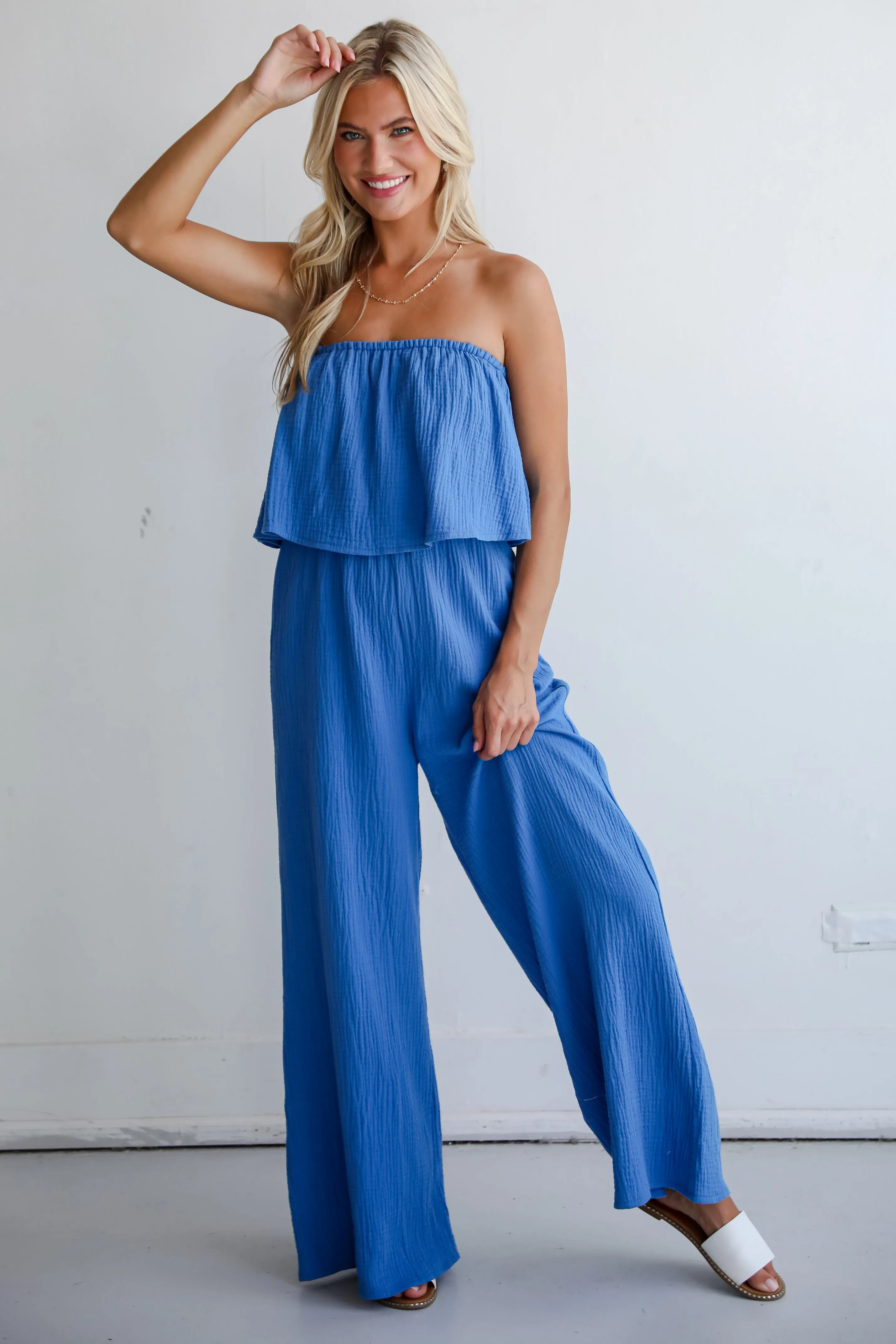 FINAL SALE - Celebrate In Style Blue Linen Strapless Jumpsuit