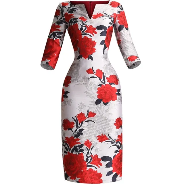 Floral Jacquard Straight V-Neck Midi Dress