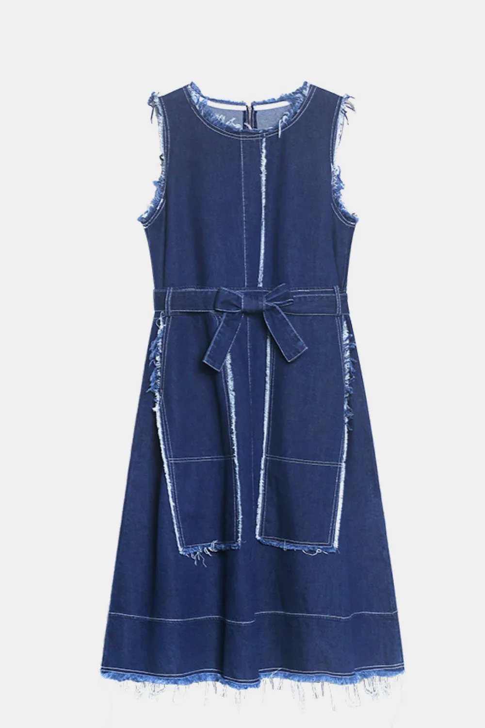 Frayed Detail Belted Sleeveless Denim Dress