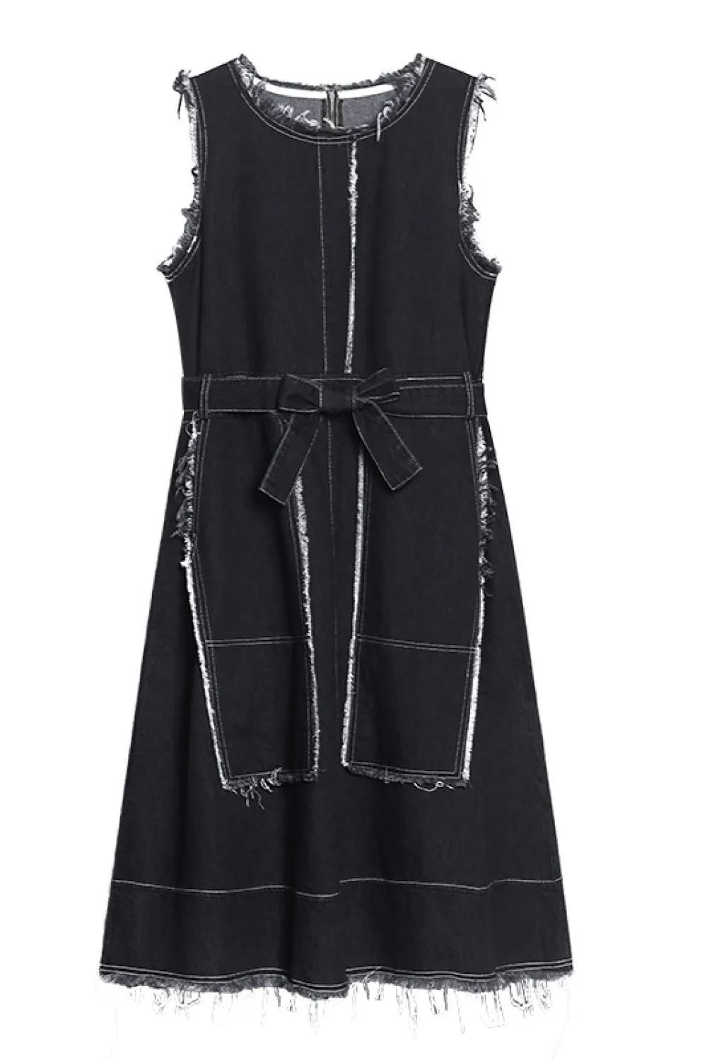 Frayed Detail Belted Sleeveless Denim Dress