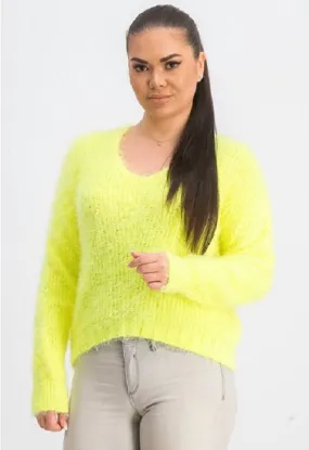 Freshman Juniors' Fuzzy V-Neck Sweater YellowSize Medium