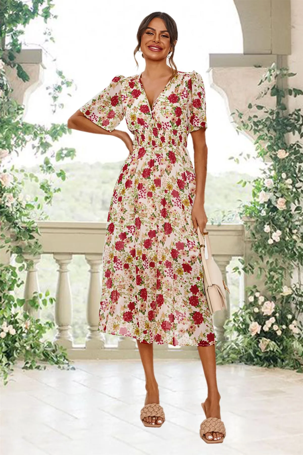 FS Collection Red Floral Print Angel Sleeve Midi Dress In White