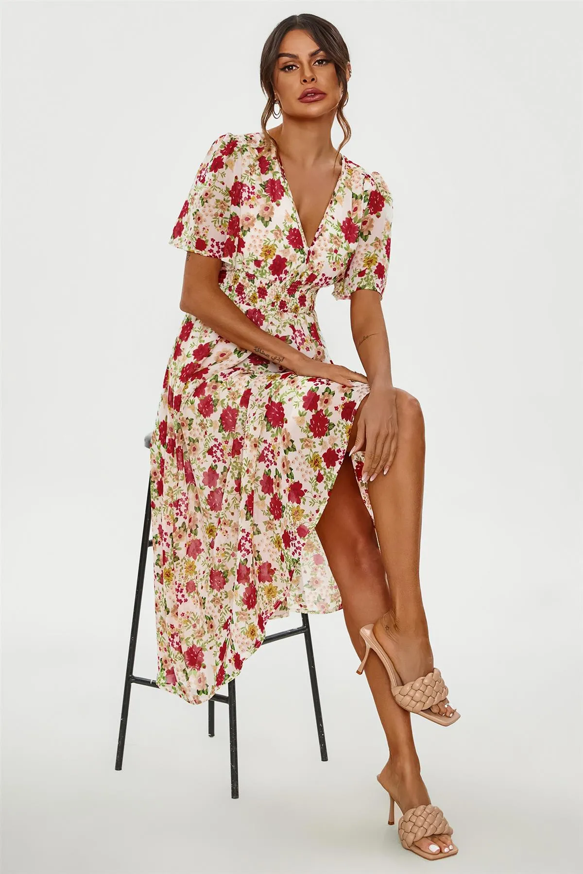 FS Collection Red Floral Print Angel Sleeve Midi Dress In White