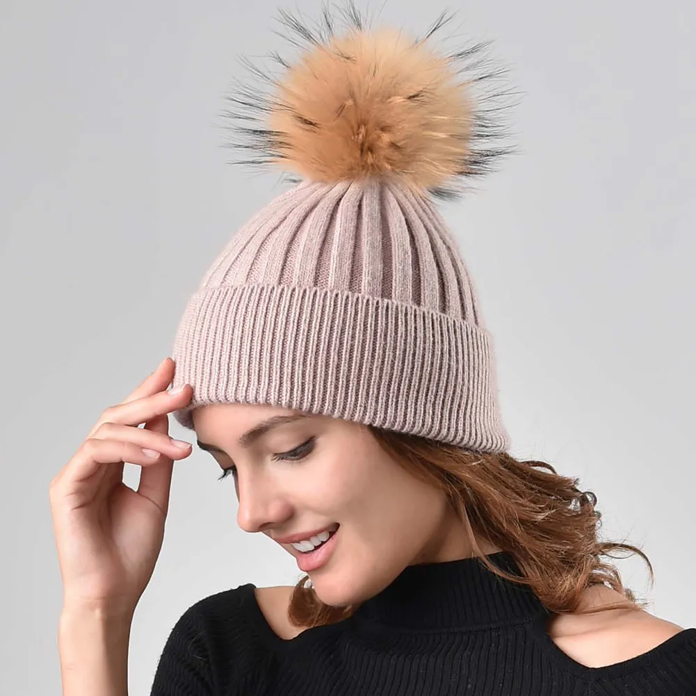 FURTALK Women Winter Real Fur Pom Pom Hat  Drop Shipping  A052