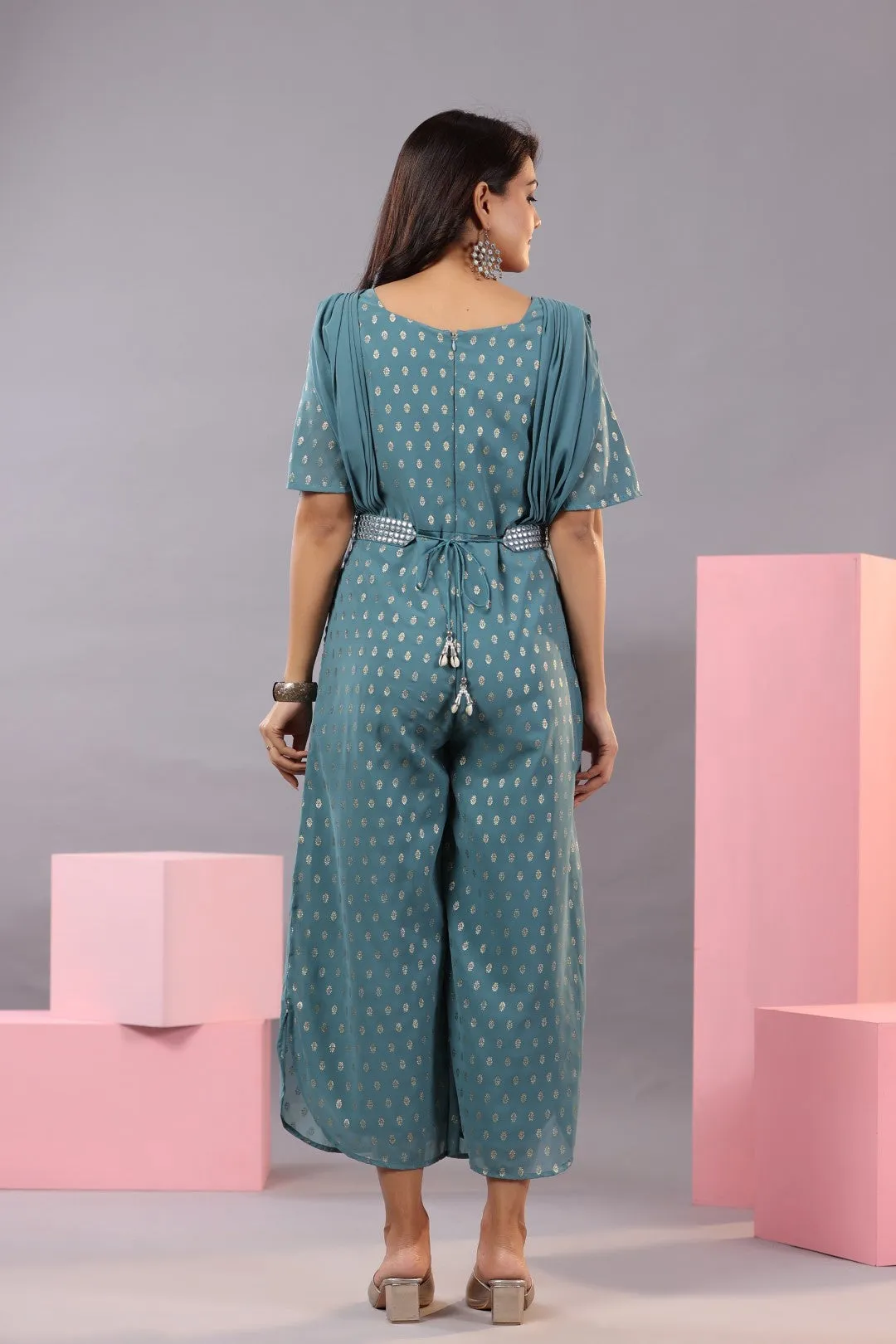 Georgette Printed Jumpsuit with Ethnic Motif, Square Neck & Half Sleeves