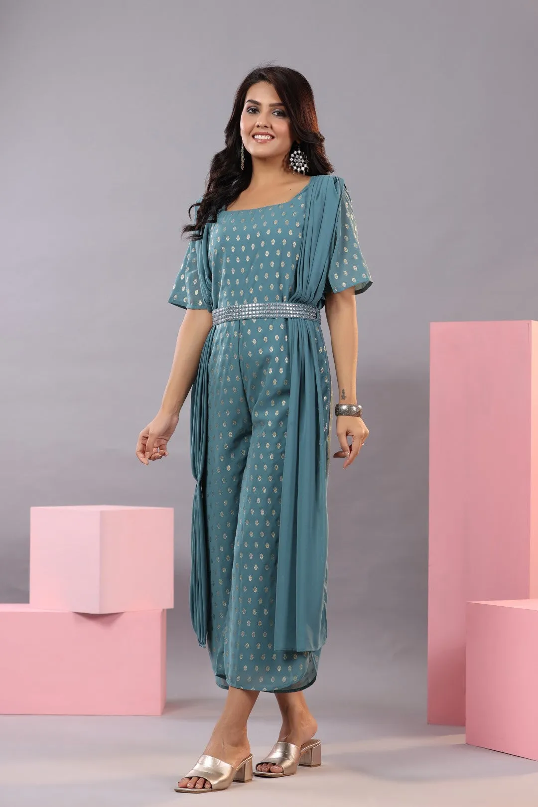 Georgette Printed Jumpsuit with Ethnic Motif, Square Neck & Half Sleeves