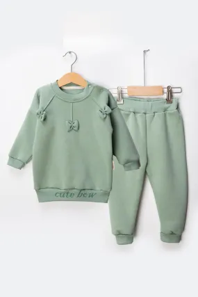 Girls green cute bow 2 piece trouser set