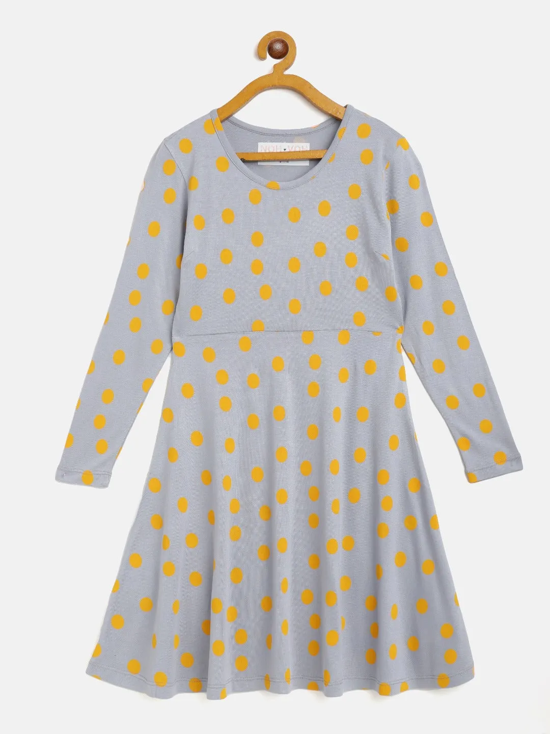 Girls Grey & Yellow Polka Midi Skater Dress