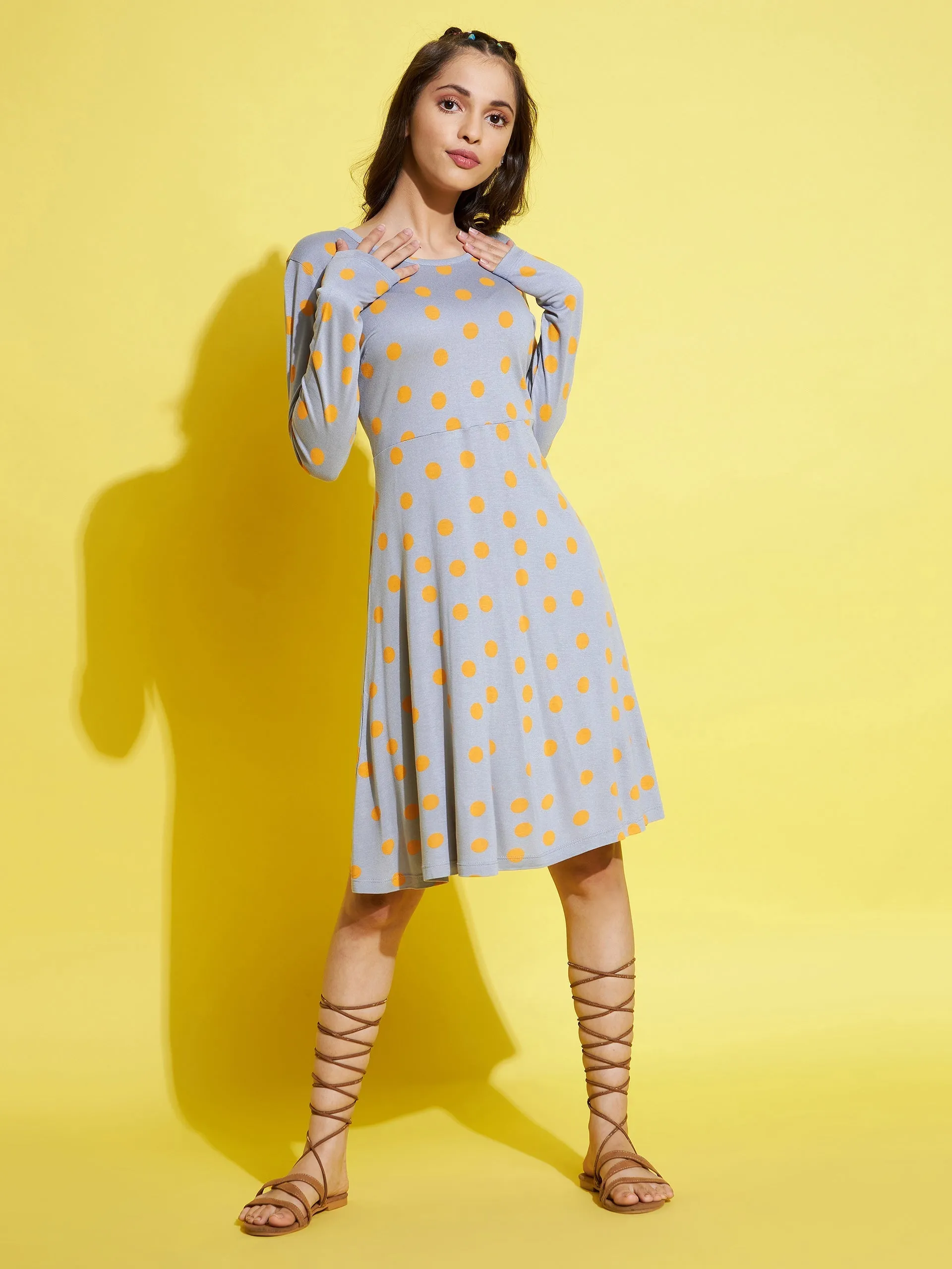 Girls Grey & Yellow Polka Midi Skater Dress