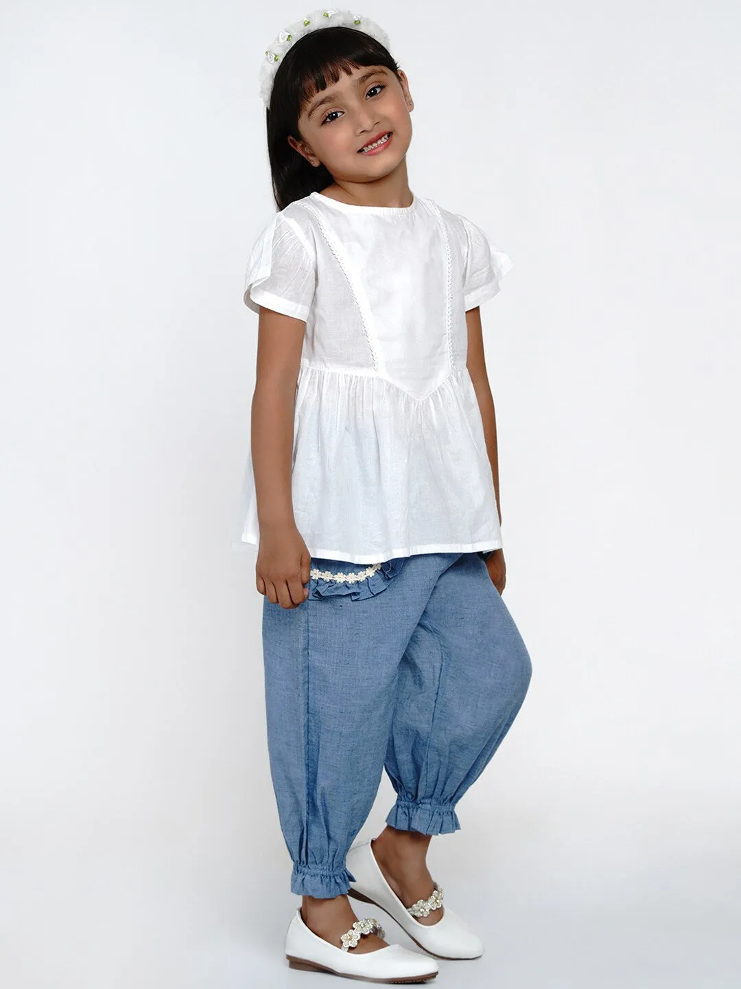 Girl's Off-White & Blue Solid Top with Trousers - NOZ2TOZ KIDS