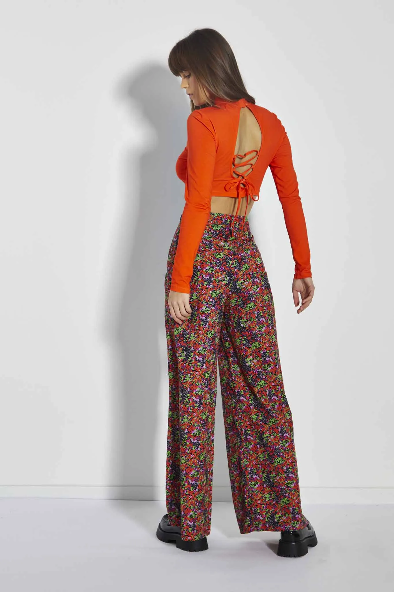 Glamorous Care Purple Orange Ditsy Wide Leg Trousers