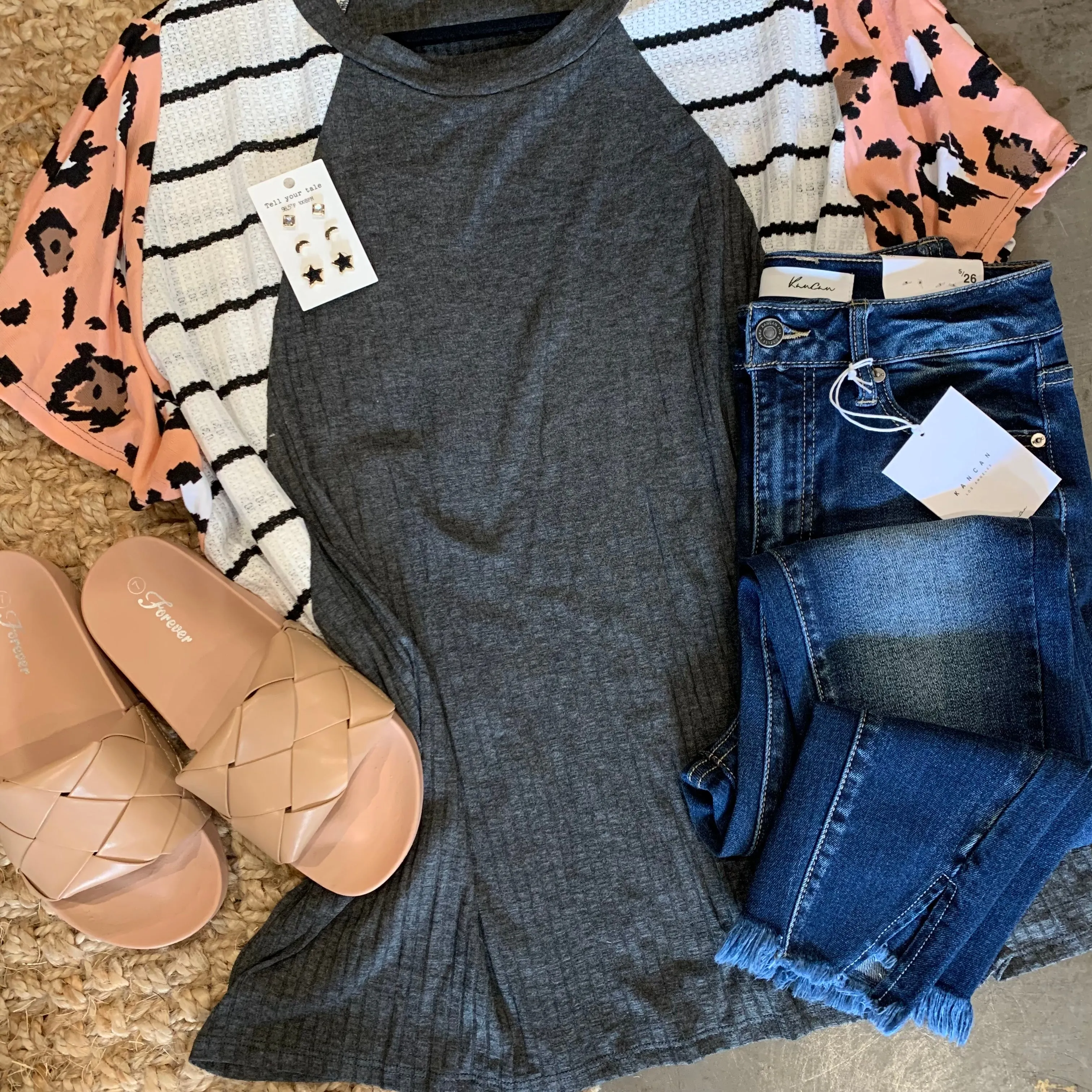 Gray knit top w/ cheetah and striped sleeves