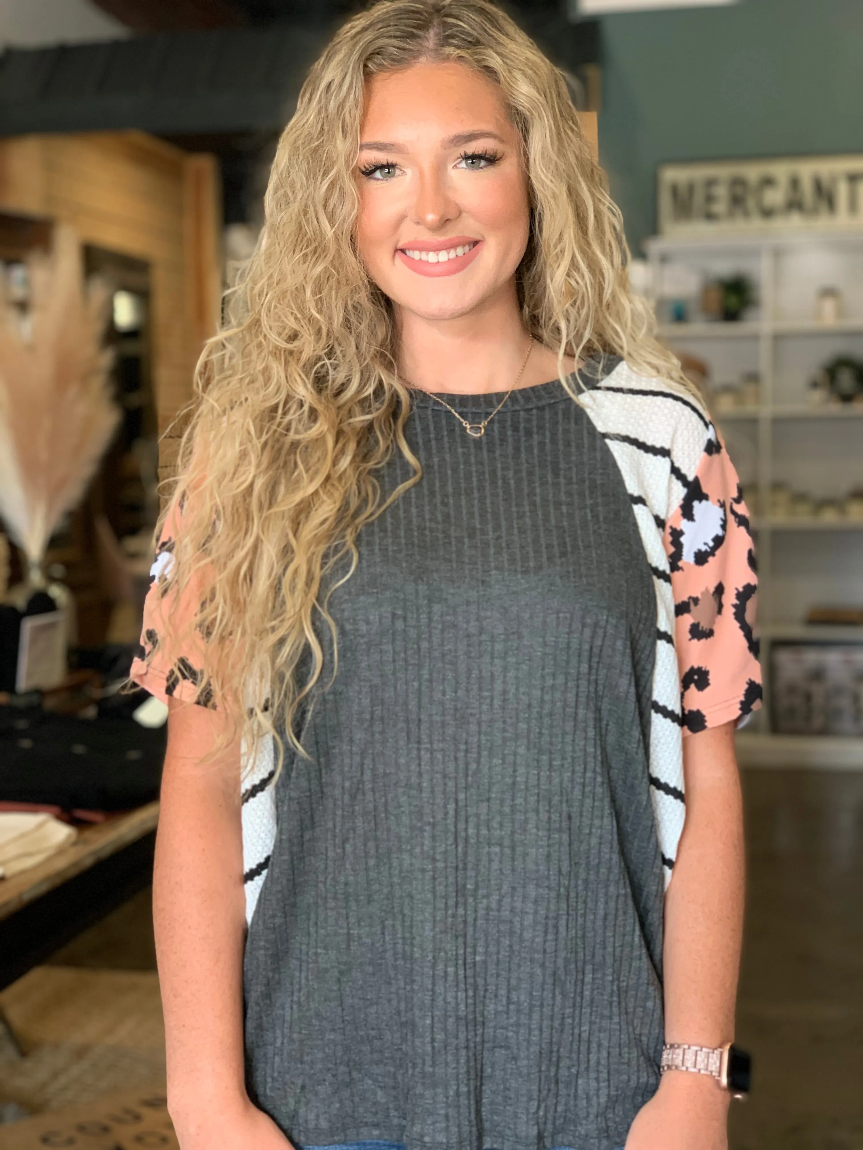 Gray knit top w/ cheetah and striped sleeves