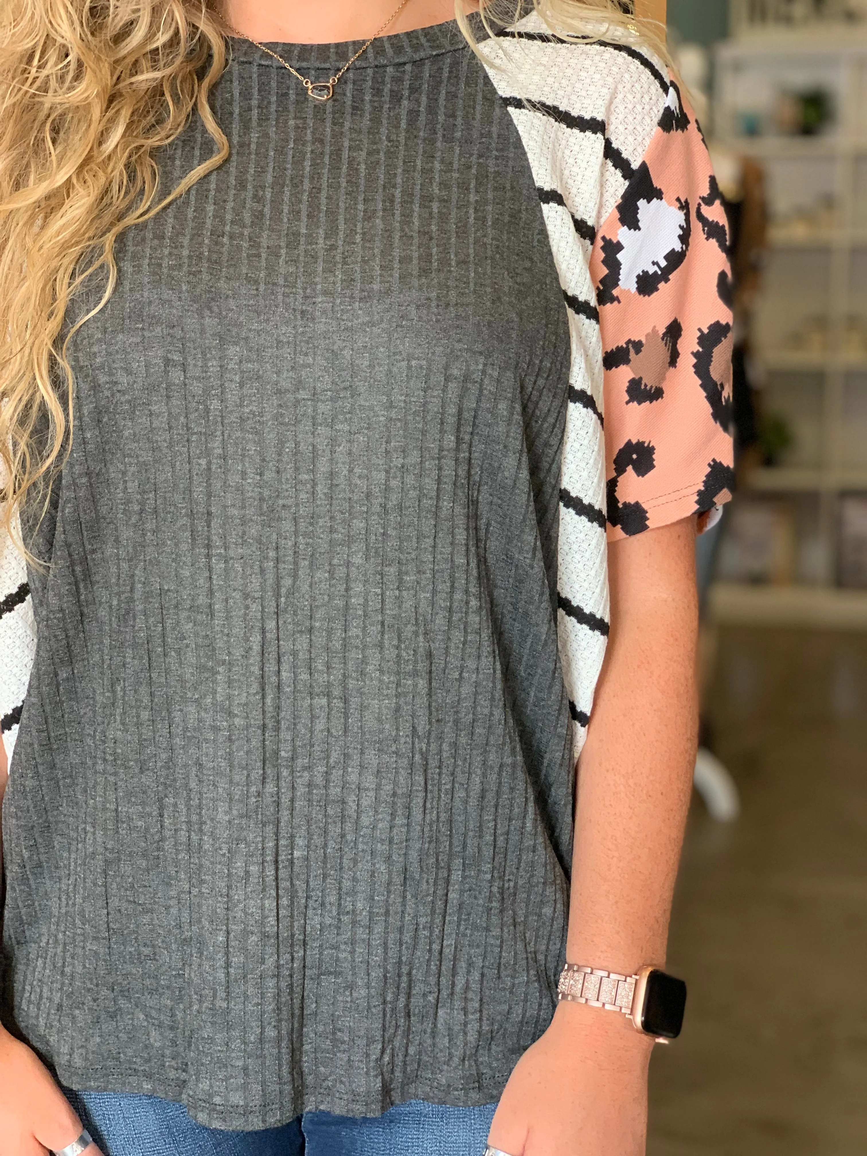 Gray knit top w/ cheetah and striped sleeves