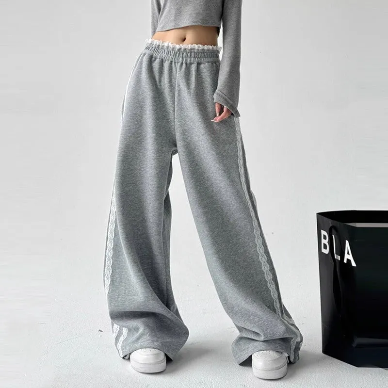 Gray sweatpants women high waist splicing drape slim sports wide-leg