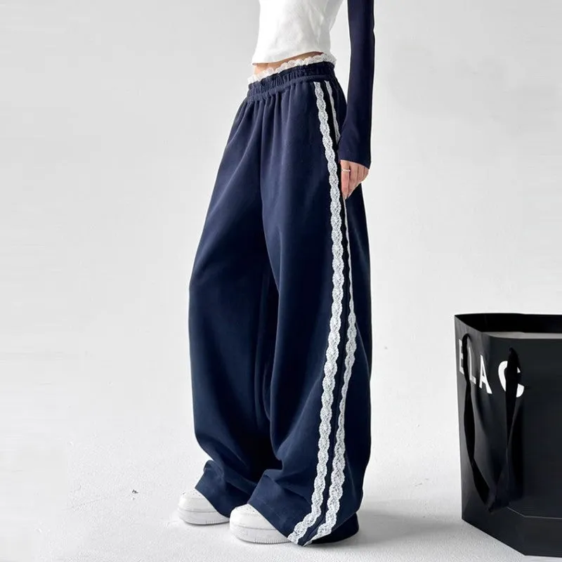 Gray sweatpants women high waist splicing drape slim sports wide-leg