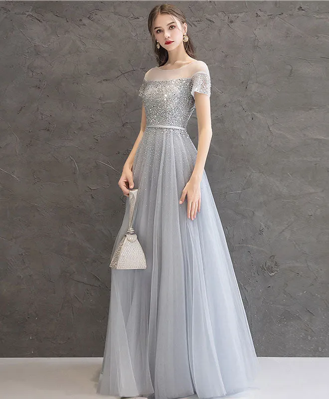 Gray Tulle Sequin Long Prom Dress, Gray Tulle Formal Dress