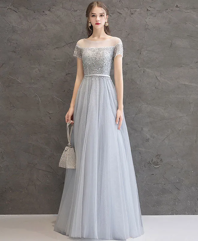 Gray Tulle Sequin Long Prom Dress, Gray Tulle Formal Dress