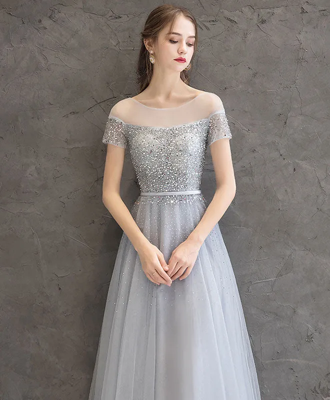 Gray Tulle Sequin Long Prom Dress, Gray Tulle Formal Dress