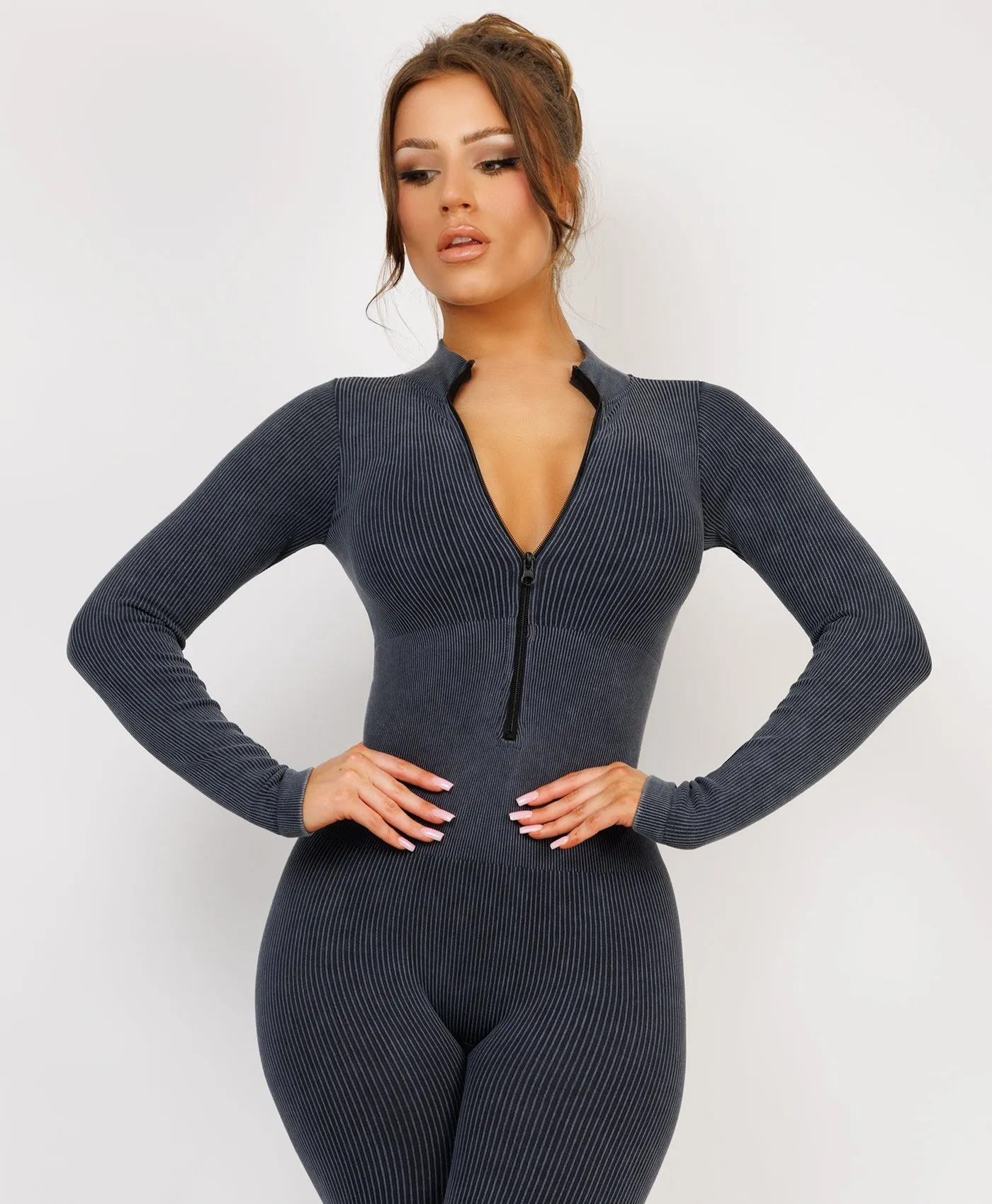 Grey Acid Washed Ribbed Front Zipped Jumpsuit