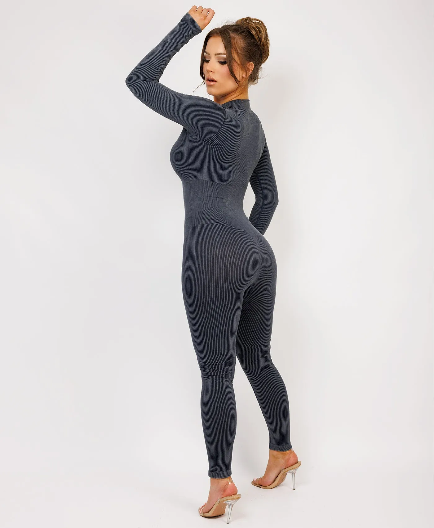 Grey Acid Washed Ribbed Front Zipped Jumpsuit