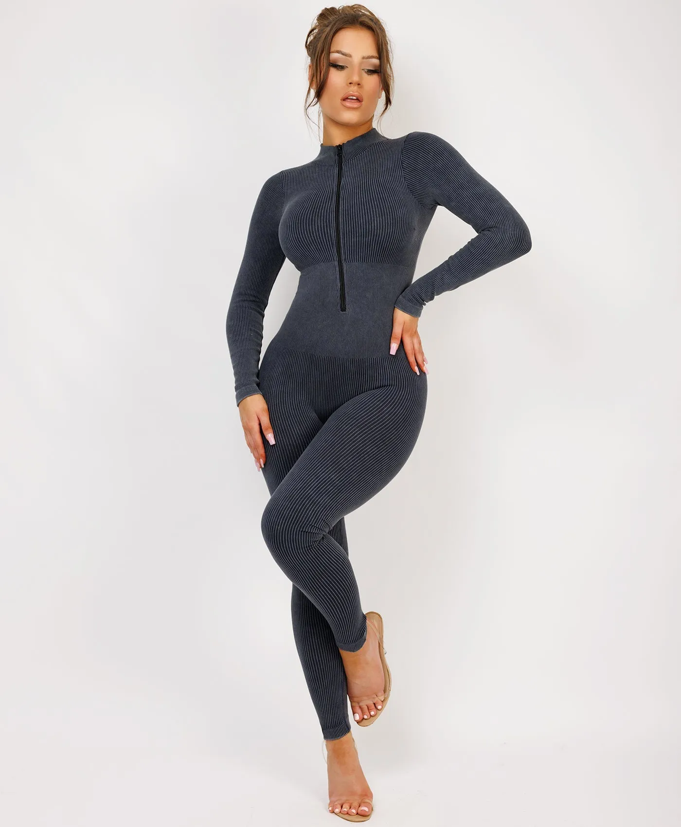 Grey Acid Washed Ribbed Front Zipped Jumpsuit