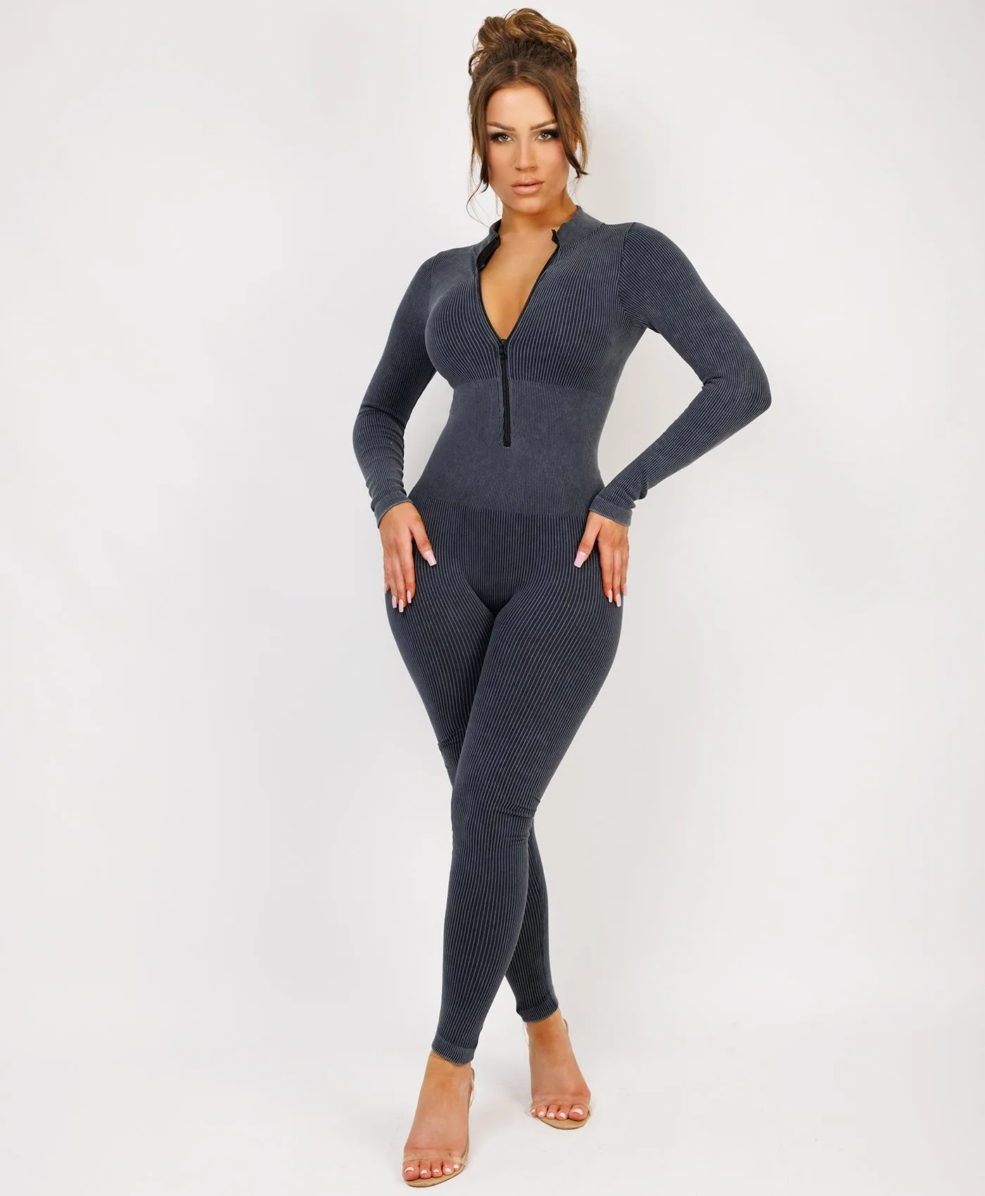 Grey Acid Washed Ribbed Front Zipped Jumpsuit