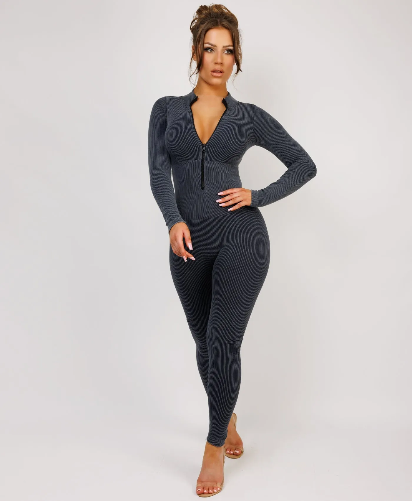 Grey Acid Washed Ribbed Front Zipped Jumpsuit