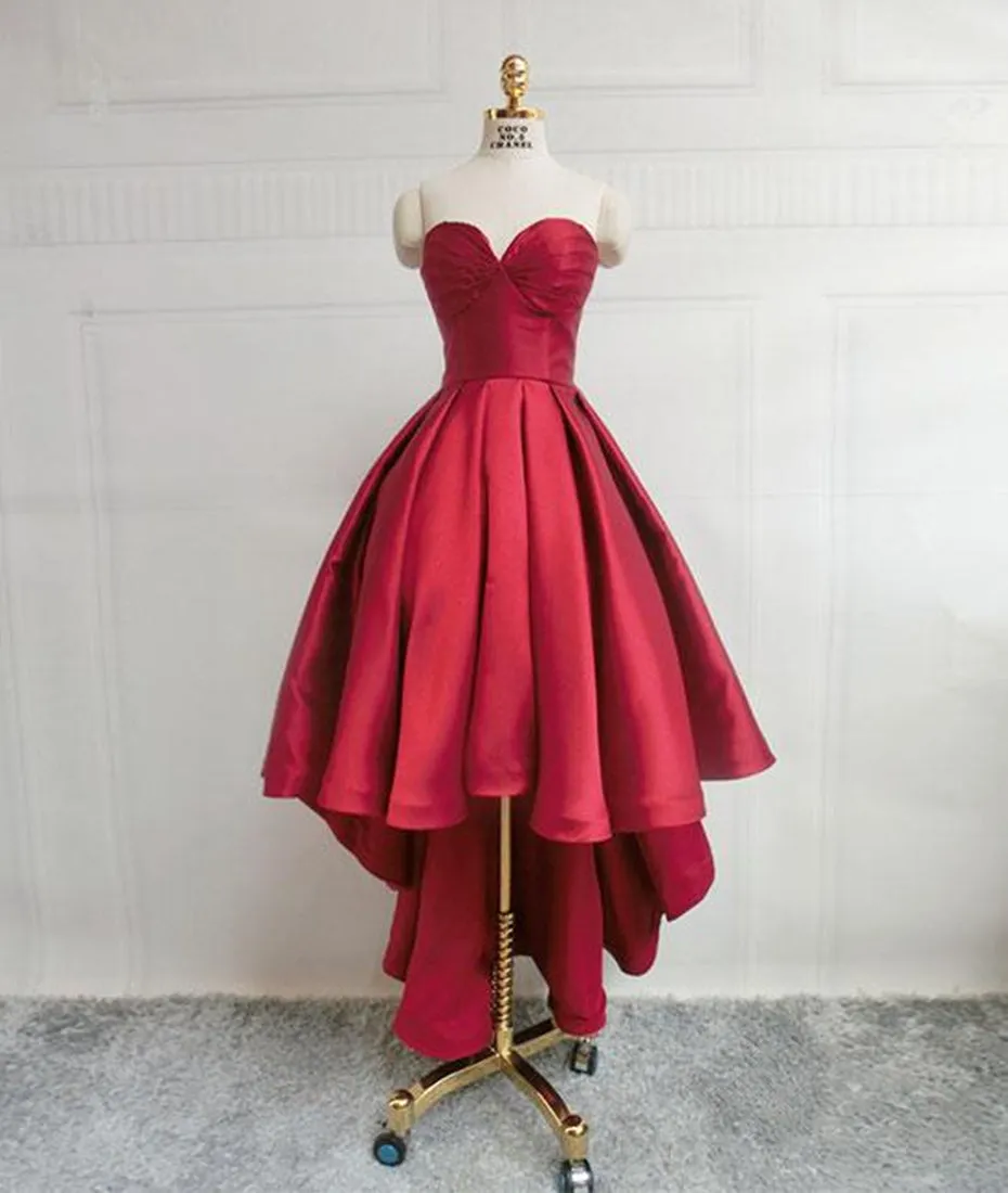 High Low Sweetheart Neck Strapless Backless Satin Red Prom Dresses, Red Graduation Dresses, Red Backless Formal Evening Dresses