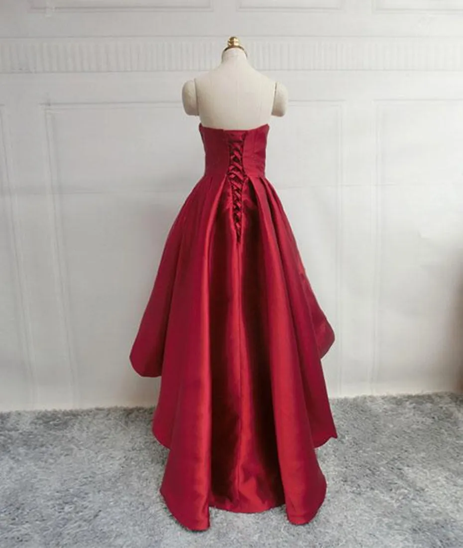 High Low Sweetheart Neck Strapless Backless Satin Red Prom Dresses, Red Graduation Dresses, Red Backless Formal Evening Dresses