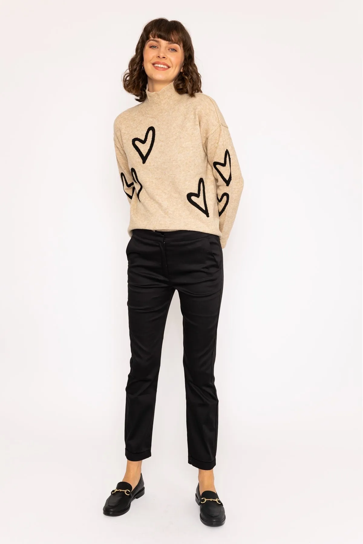 High Neck Camel Jumper with Heart Knit Design