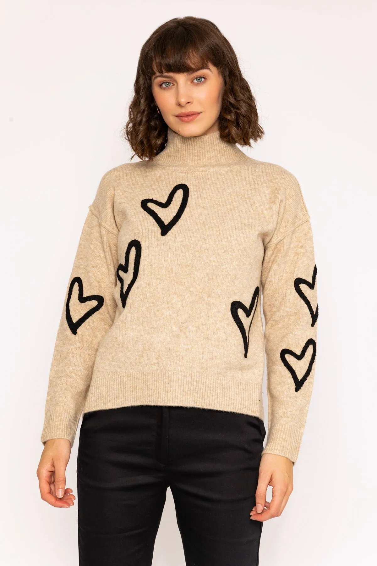 High Neck Camel Jumper with Heart Knit Design