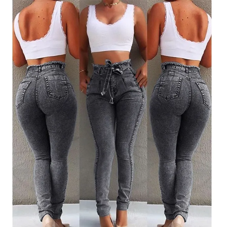 High Waist Jeans Women Streetwear Bandage Denim Plus Size Jeans Femme Pencil Pants Skinny Jeans