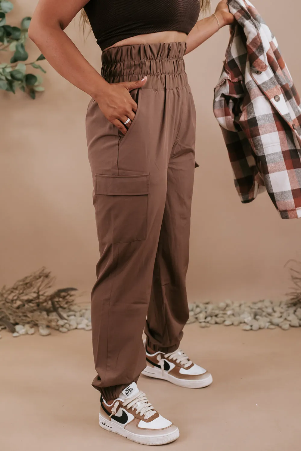 High Waisted Paperbag Joggers, Brown