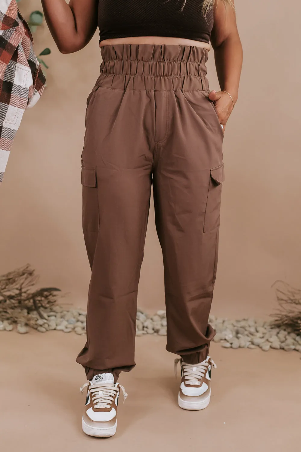 High Waisted Paperbag Joggers, Brown