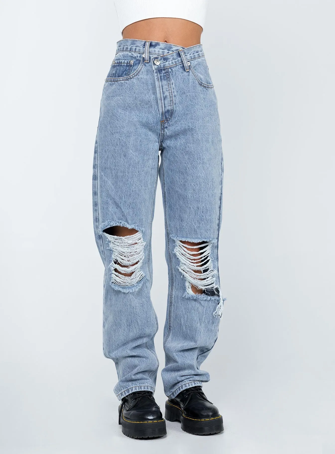 Holly Asymmetric Ripped Leg Jeans Light Wash Denim