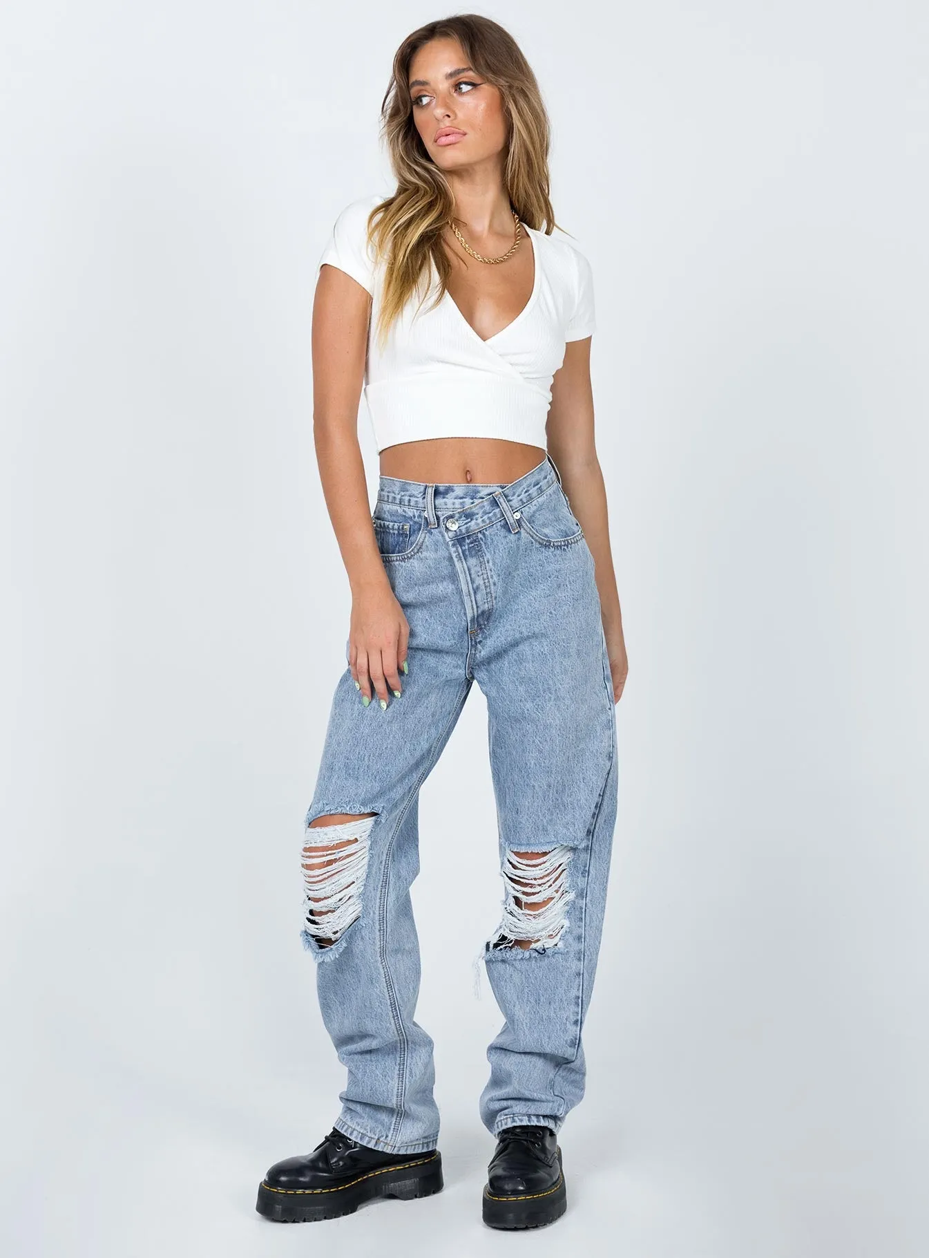 Holly Asymmetric Ripped Leg Jeans Light Wash Denim