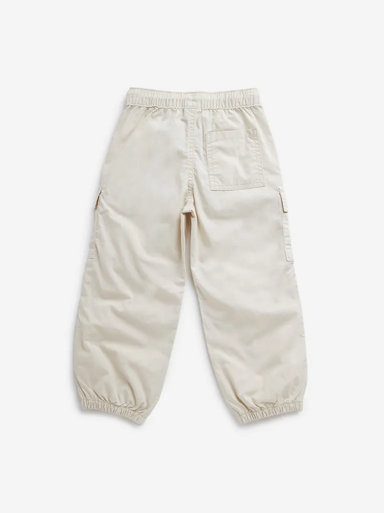 HOP Kids Beige Cargo-Style Mid-Rise Cotton Joggers