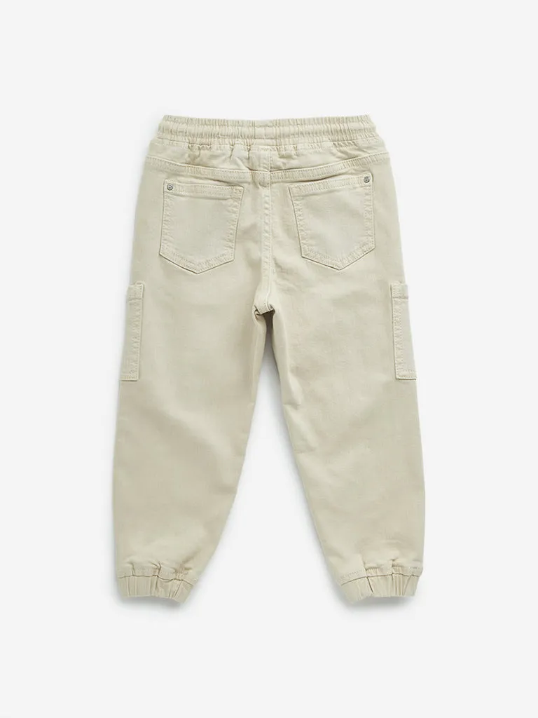 HOP Kids Beige Cargo-Style Mid-Rise Denim Joggers