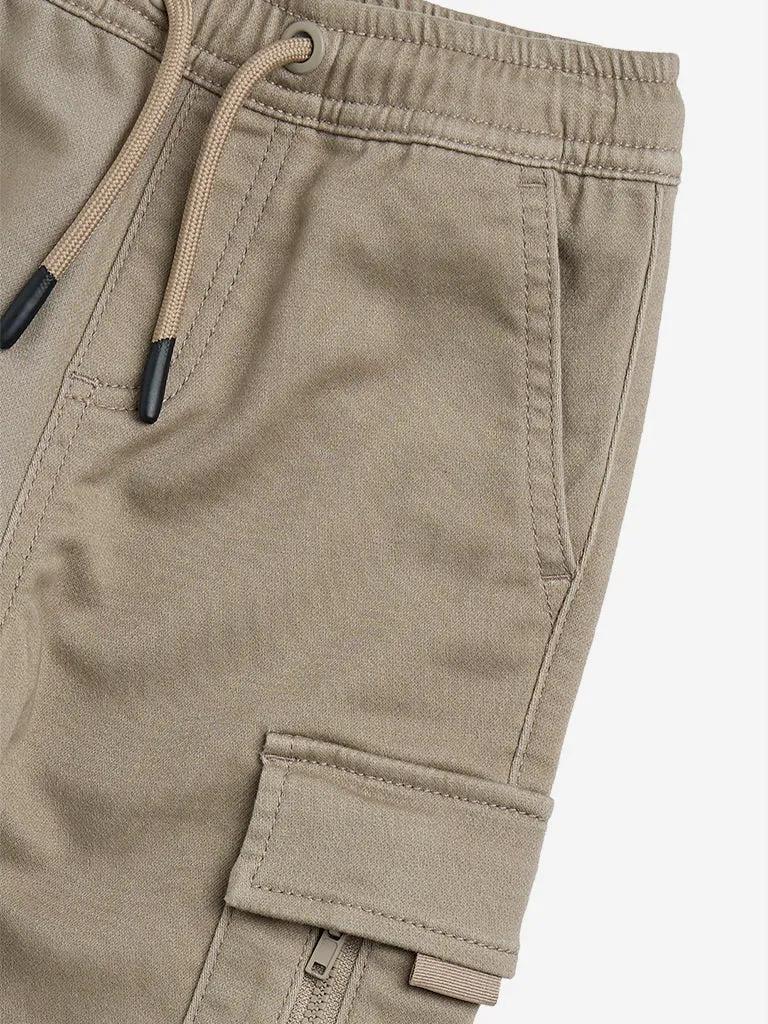 HOP Kids Taupe Cargo-Style Mid-Rise Cotton Blend Joggers