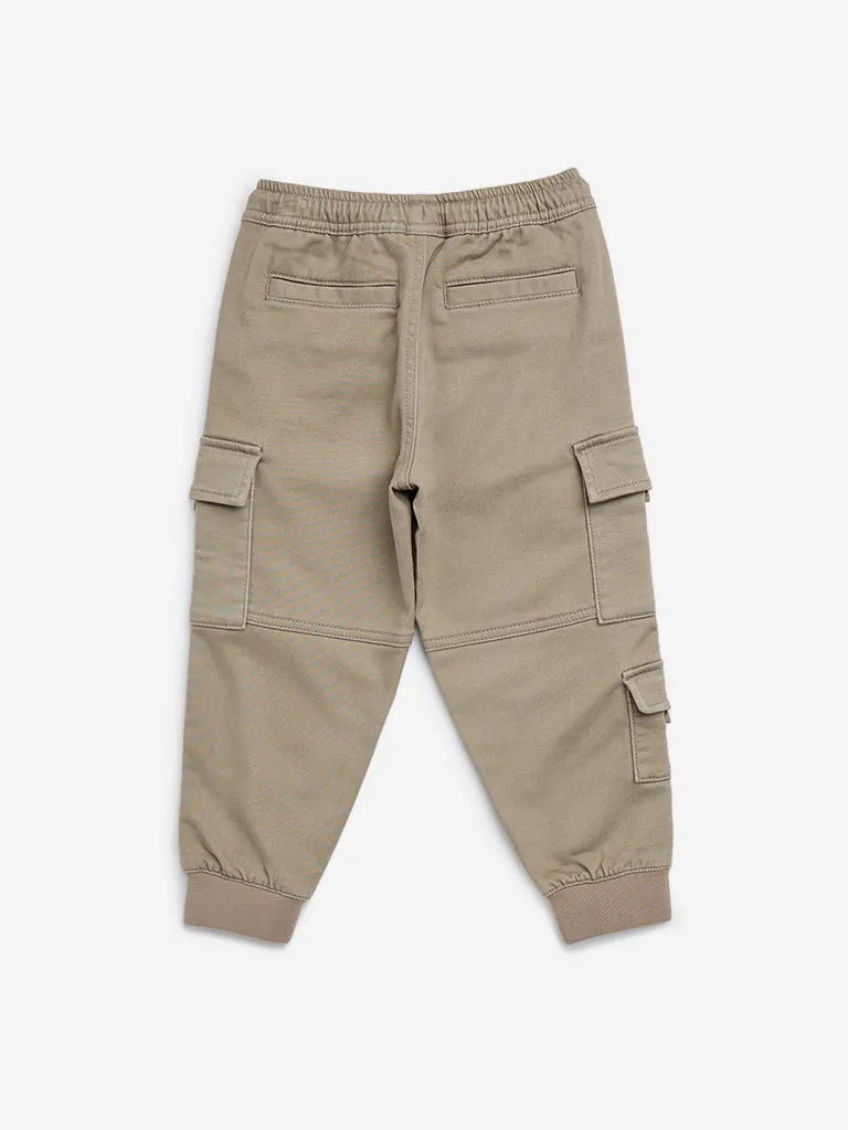 HOP Kids Taupe Cargo-Style Mid-Rise Cotton Blend Joggers