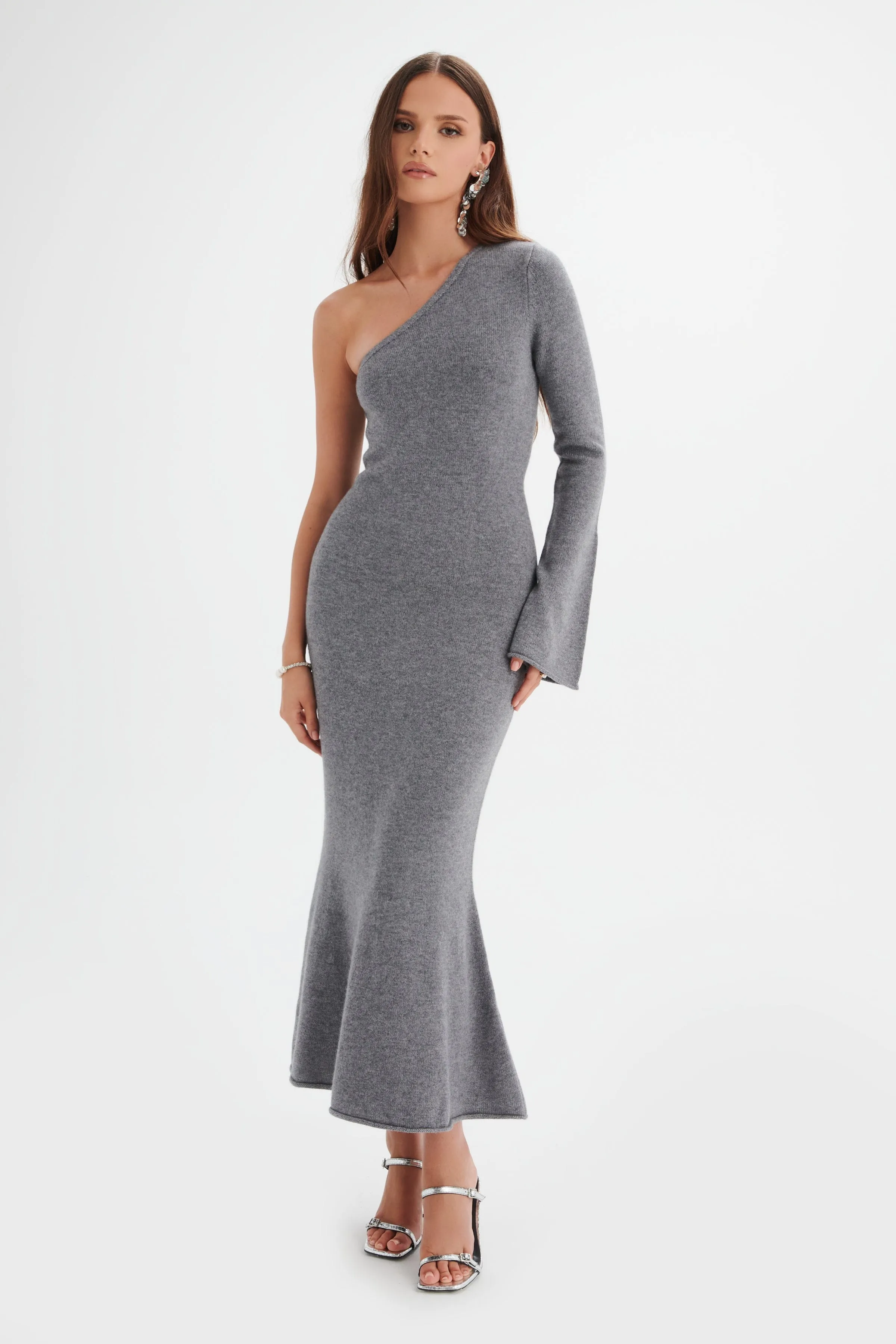 HUDA Knitted Asymmetric Fit & Flare Midi Dress In Grey