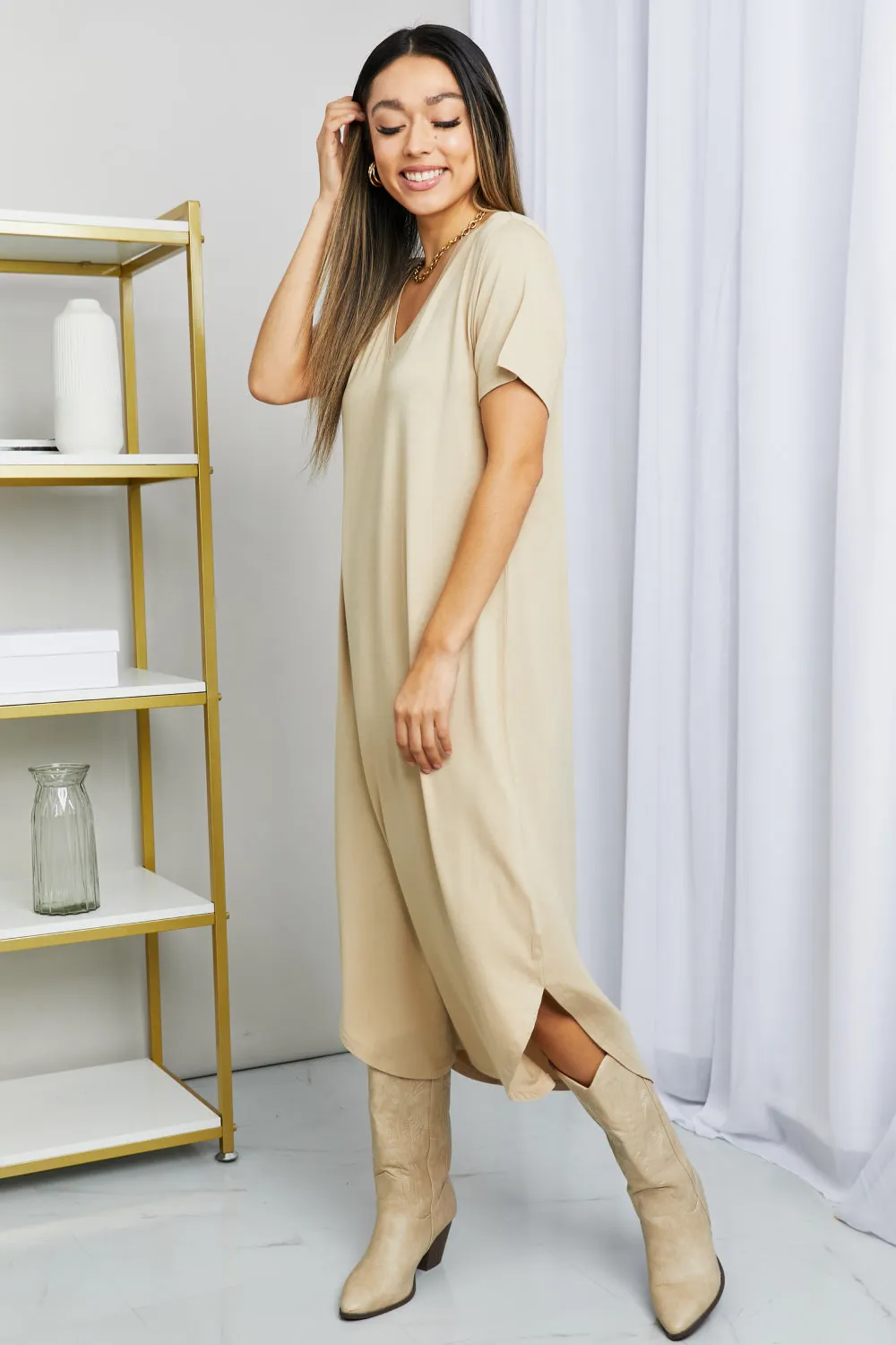 HYFVE V-Neck Short Sleeve Curved Hem Dress in Caffe Latte